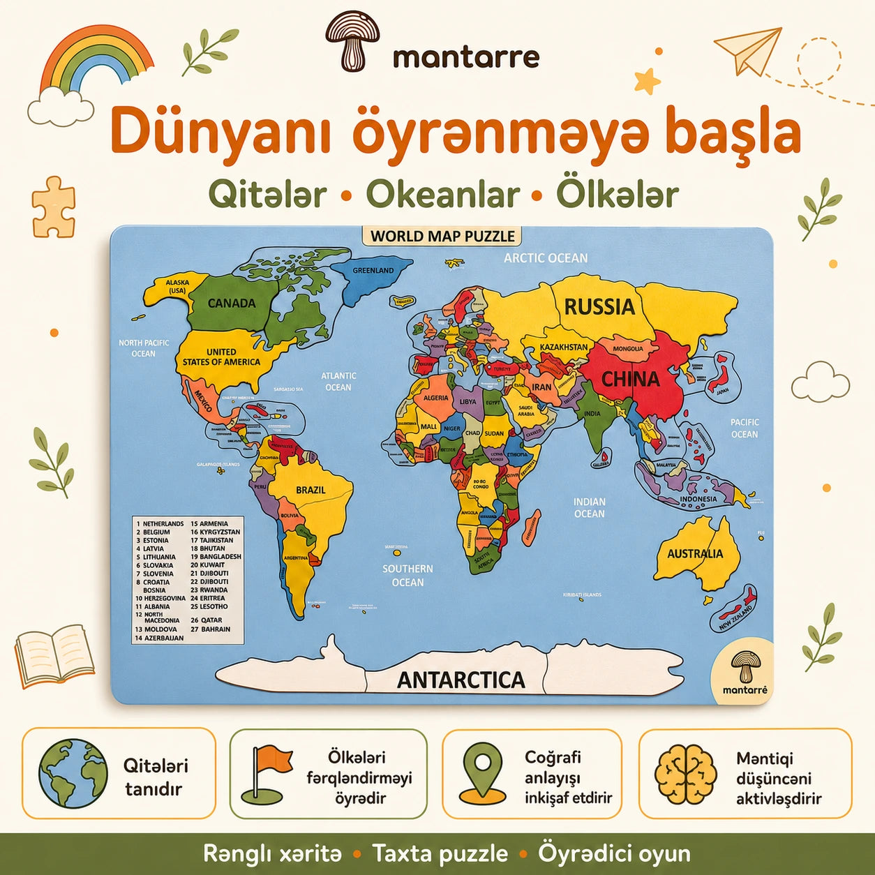 Rəngli Dünya Xəritəsi Puzzle